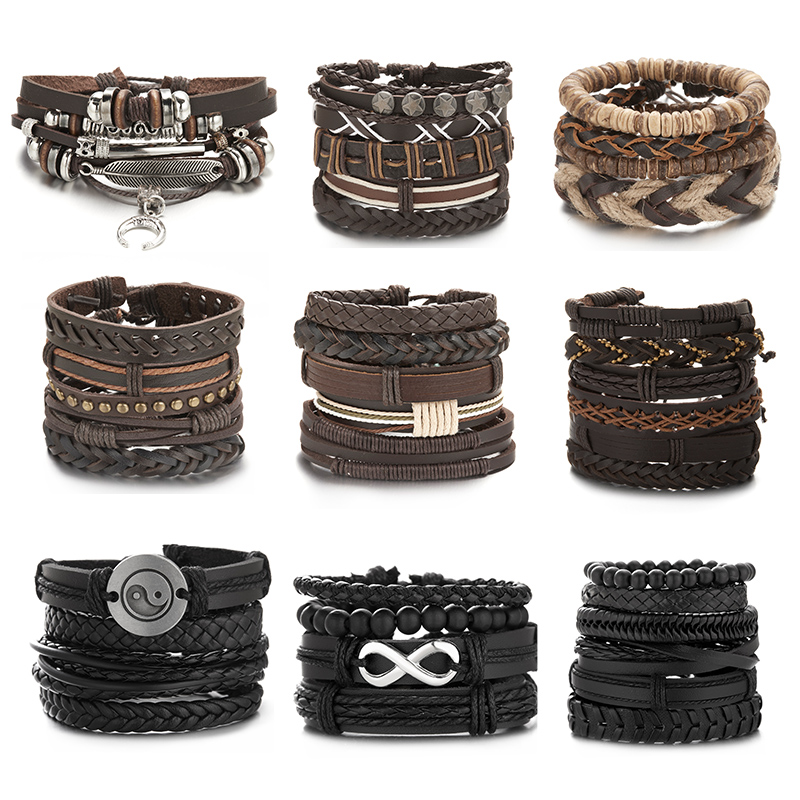 Men'S Accessories Jewelry Sale - ขายร้อนผู้ชาย Feather สร้อยข้อมือหนัง Punk Hip-Hop Multi-Layer