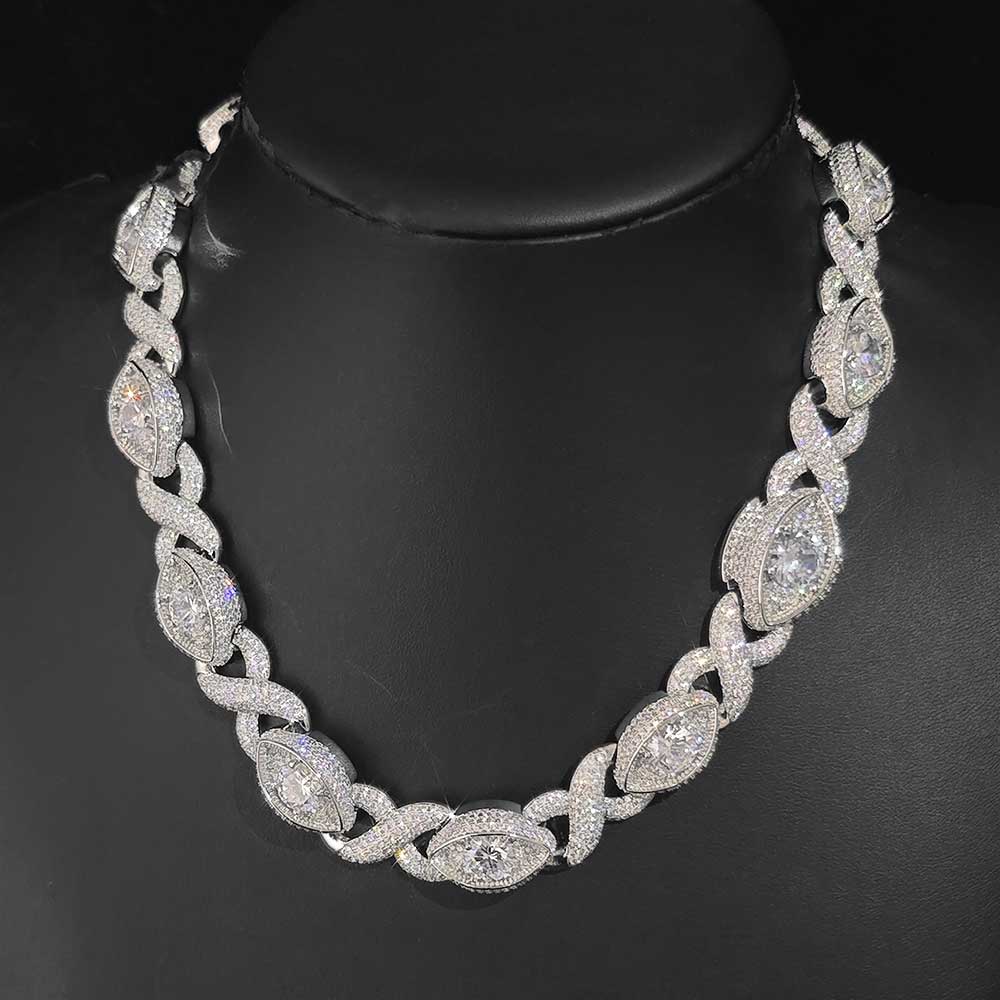Men Accessories Evil Eye - สร้อยคอและสร้อยข้อมือแบบคิวบันลิงค์ 15 มม. ประดับเพชรคิวบิกเซอร์โคเนีย ลายตาปีศาจและอินฟินิตี้ สไตล์ฮิปฮอป