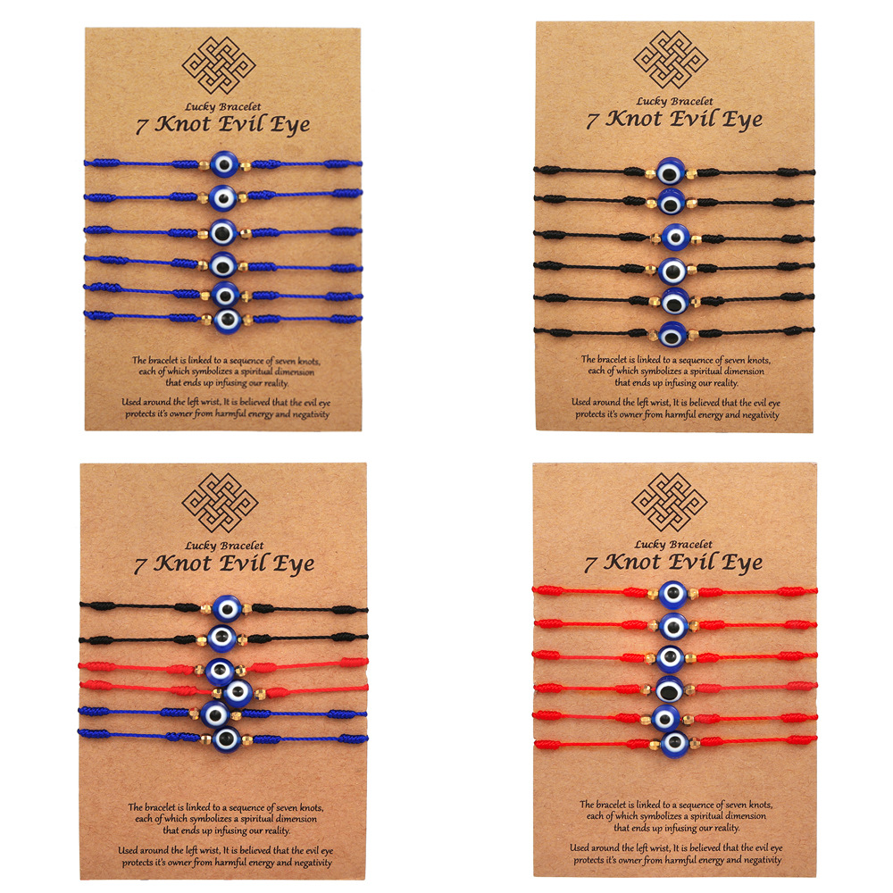 Men Accessories Evil Eye - ชุดกำไลข้อมือตาปีศาจสีน้ำเงิน 6 ชิ้น สำหรับผู้หญิงและผู้ชาย กำไลเชือกถัก 7