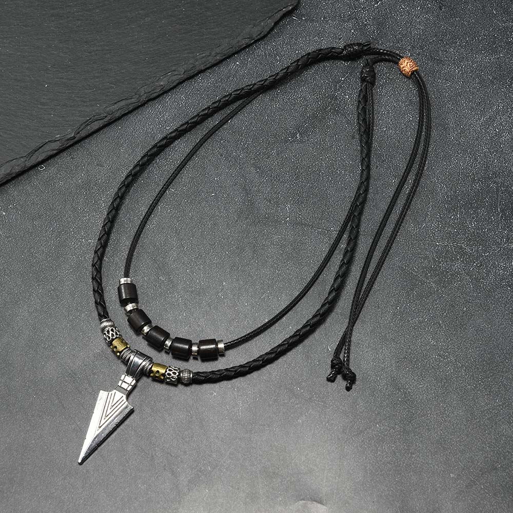 Men Accessories Ethnic - สร้อยคอหัวลูกศรไวกิ้งสำหรับผู้ชาย สไตล์วินเทจ สร้อยคอหนังถักแบบชนเผ่า จี้รูปลูกศร เครื่องประดับคอแบบหลายชั้น สไตล์โบโฮ